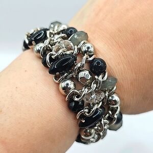 Silvertone Mesh Style Stretch Bracelet with Black, Gray & Clear Crystal Accents
